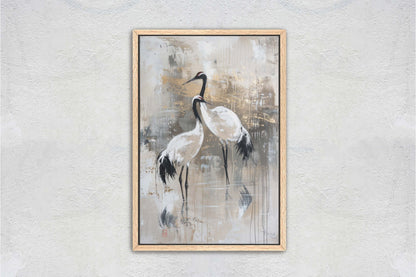 Japanese Gold Cranes, Gold and Beige, Minimalist Art, Heron Decor, Framed Canvas, Japandi Print, Extra Large, Neutral Tones