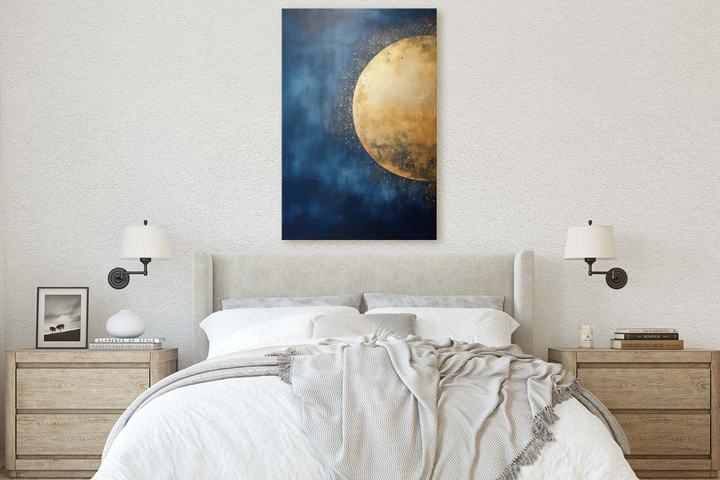 Gold Moon on Indigo, Moon Painting, Minimalist Art, Circle Indigo, Maximalist Art, Contemporary Decor, Celestial Art, Space Decor, Night Sky