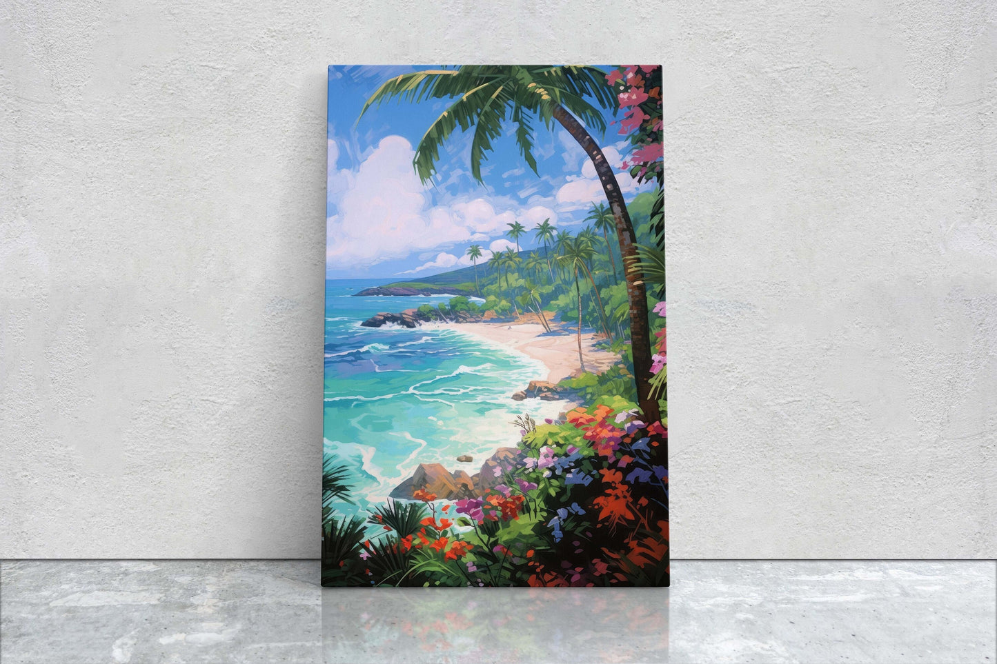 Flower Beach on Canvas, Coastal Painting, Palm Tree, Tropical Island, Framed Canvas, Palm Coast, Green Water, Blue Water