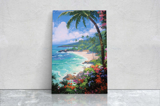 Flower Beach on Canvas, Coastal Painting, Palm Tree, Tropical Island, Framed Canvas, Palm Coast, Green Water, Blue Water