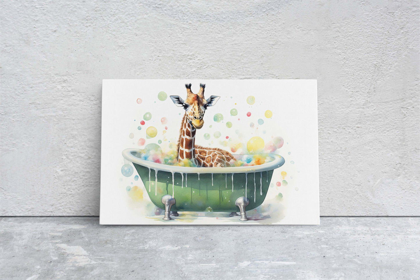 Giraffe Bath, Giraffe in Bathtub, Bathroom Decor, Kids Bath, Powder room, Fun Art, Cute Giraffe Elephant, Bath time Art, Silly Decor