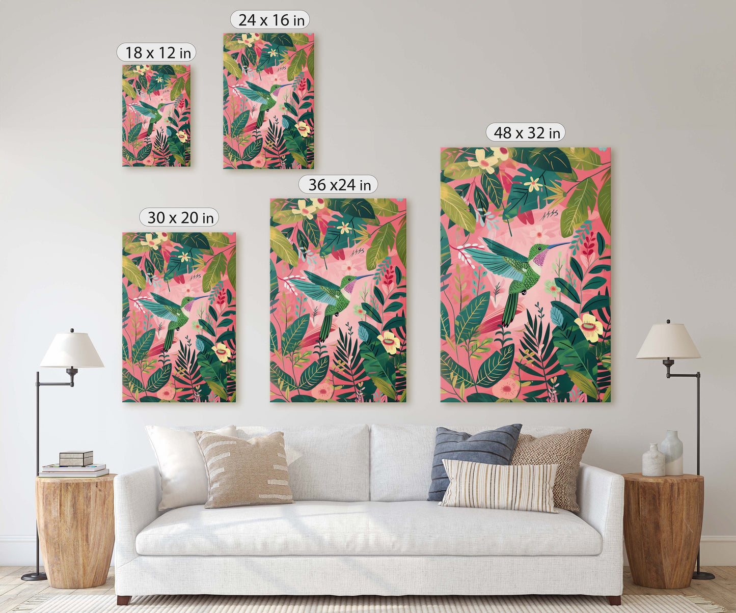 Hummingbird Pink, Framed Canvas, Tropical Art, Maximalist Jungle, Botanical Print, Bold Eclectic, Pink Art