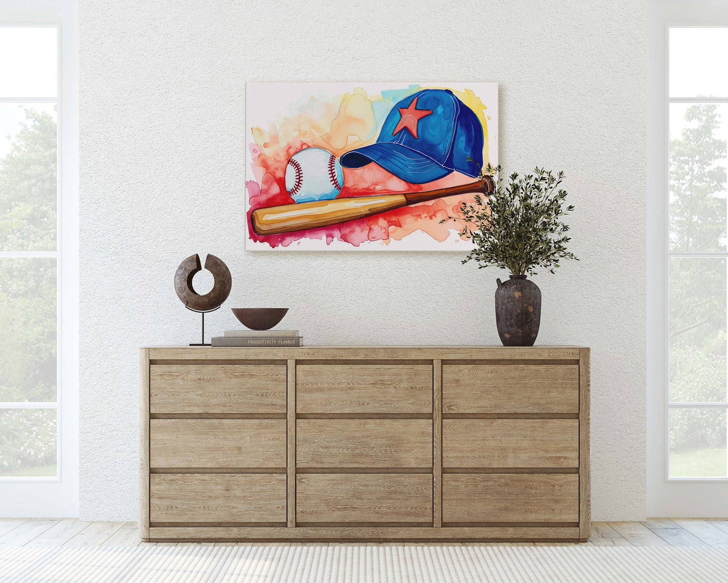 Watercolor Baseball, Baseball Painting, Baseball Bat, Original Art, Sport Lover, Kids Room, Boys Room