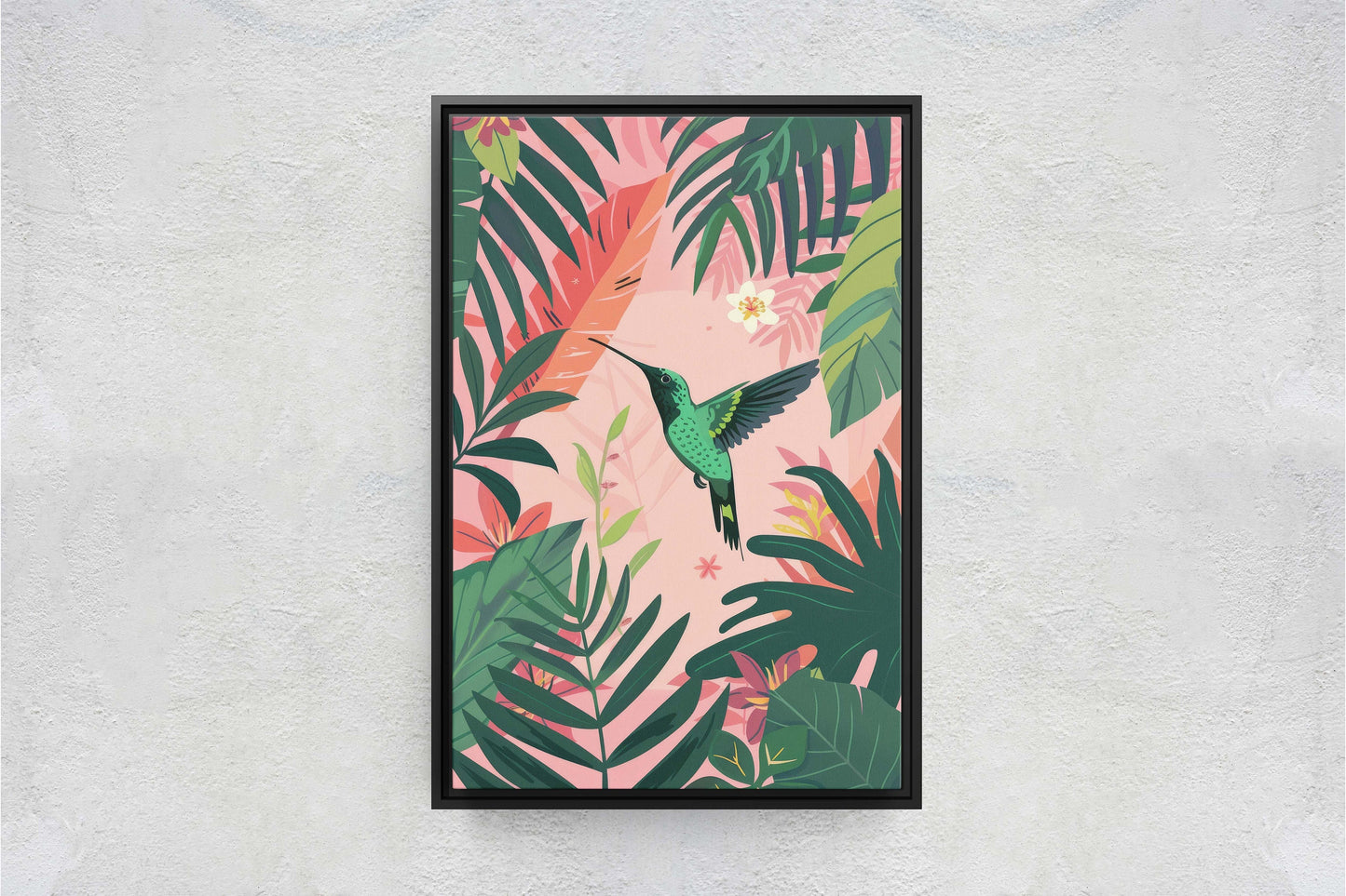 Hummingbird Illustration, Framed Canvas, Tropical Art, Maximalist Jungle, Botanical Print, Bold Eclectic