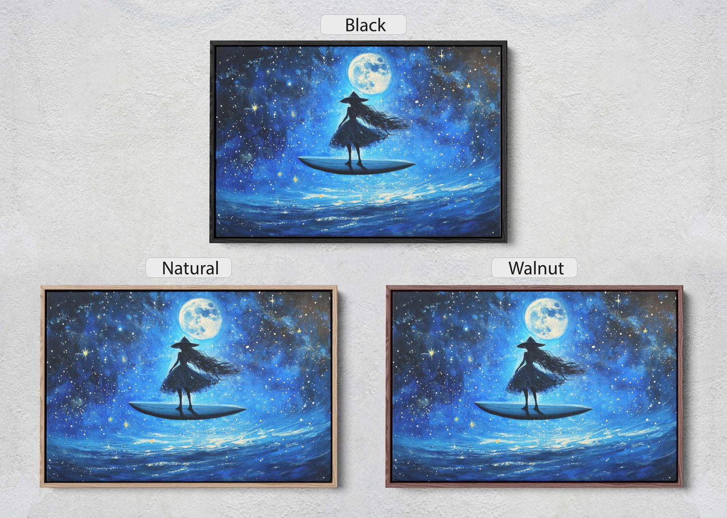 Surfing Witch, Flywing Witch, Halloween Art,  Full Moon, Blue Ocean, Whimsical Art, Fun Halloween, Whimsy