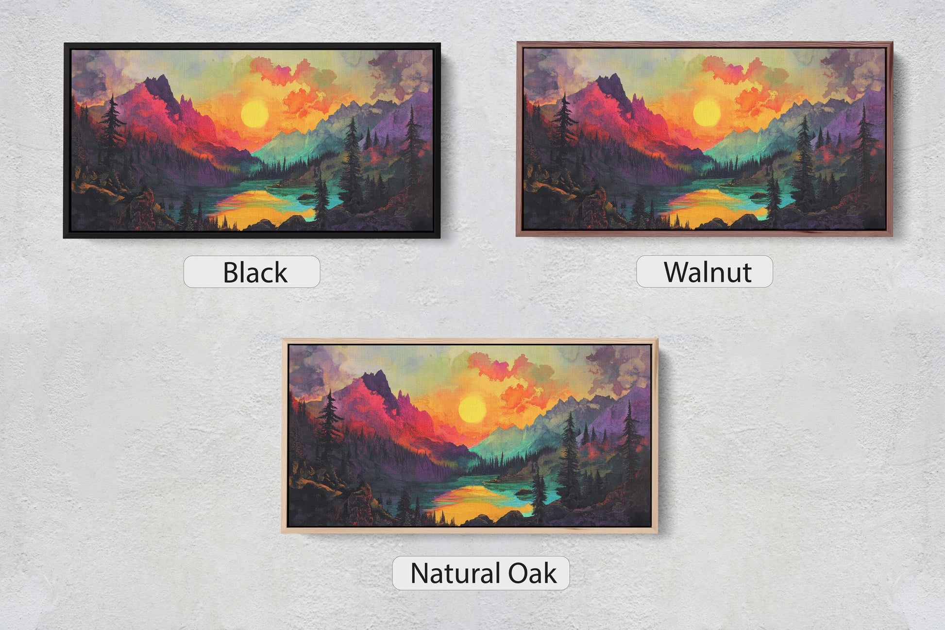 three paintings of mountains and trees with the words black, walnut, walnut, and