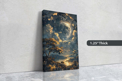 Full Moon, Celestial Painting, Night Sky, Golden Glow, Majestic Landscape, Framed Canvas, Large Art Print
