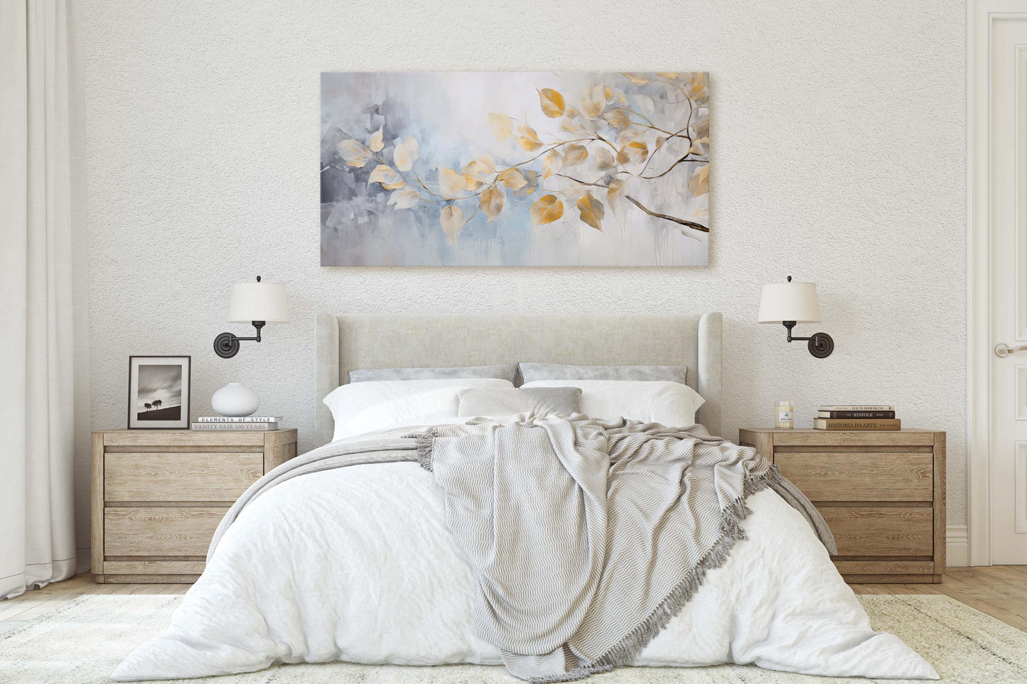 Golden Branches Leaves, Canvas print, Neutral Tones, Floral Art Painting, Contemporary Canvas,   Neutral Color, Gray and Gold, Blue Tones