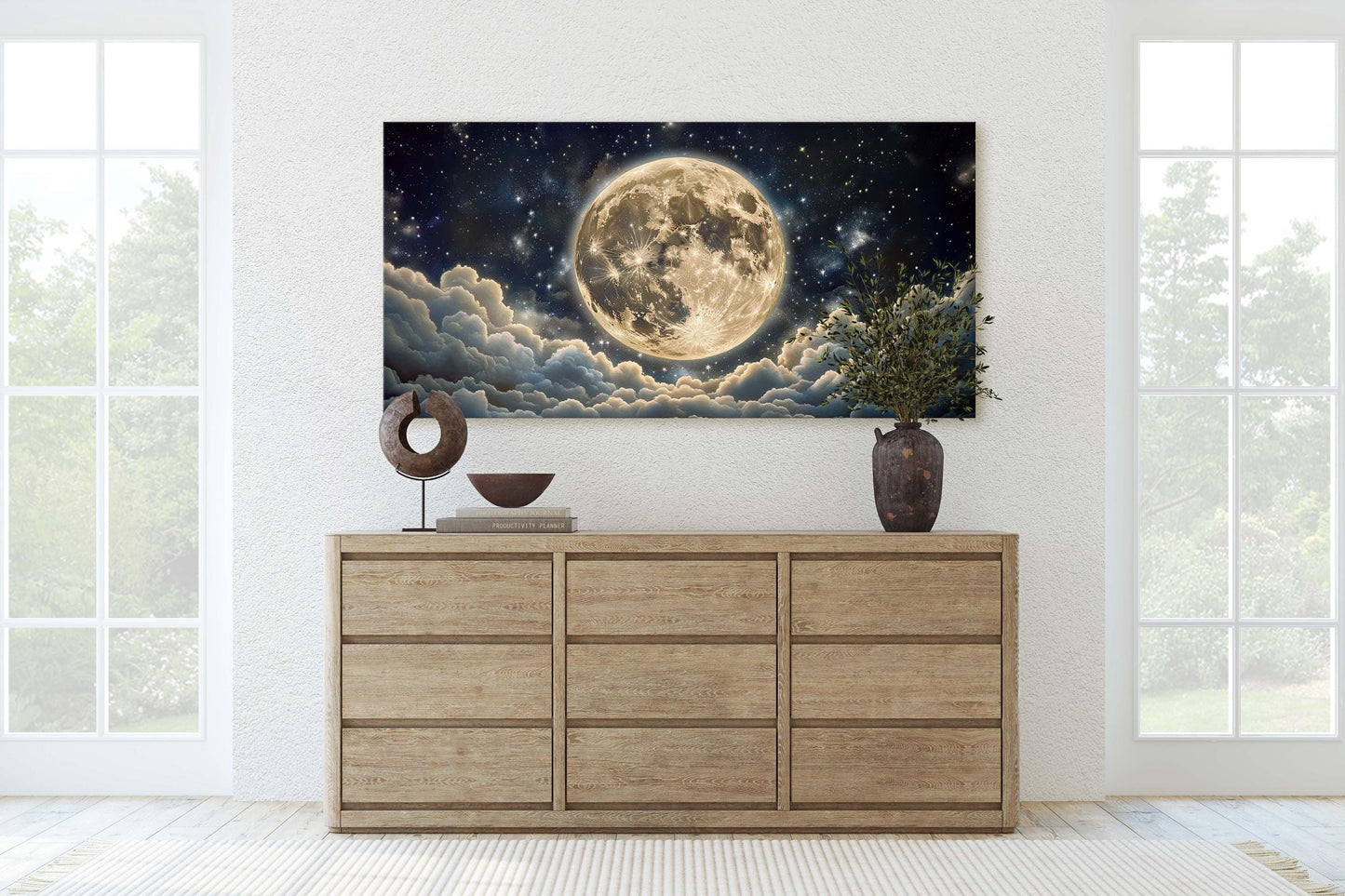 Cloudy Moon Sky, Moon Painting, Moon and Stars, Full Moon