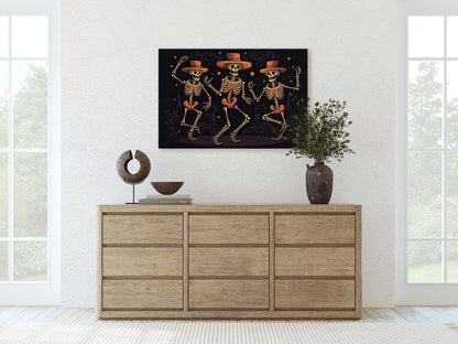Dancing Skeletons On Canvas, Spooky Decor, Halloween Art, Day of the Dead, Cute Gothic, Macabre Art, Framed Canvas