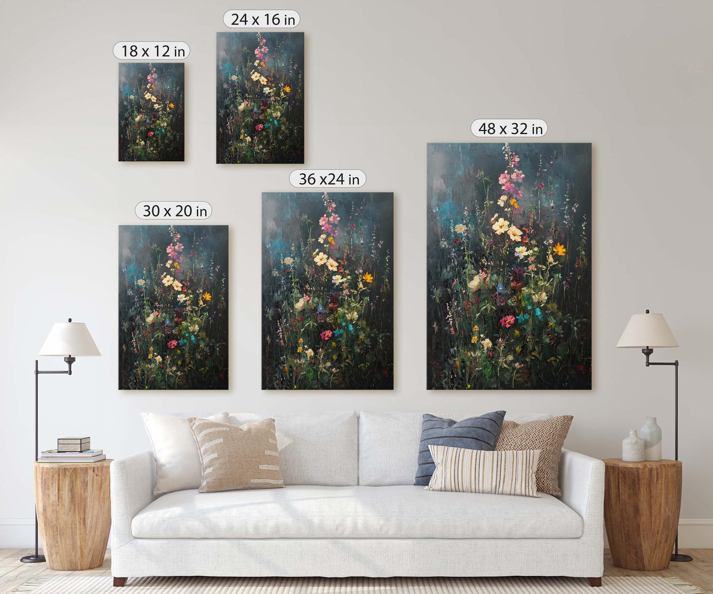 Dark Wildflowers, Black Canvas, Floral Print, Flower Decor
