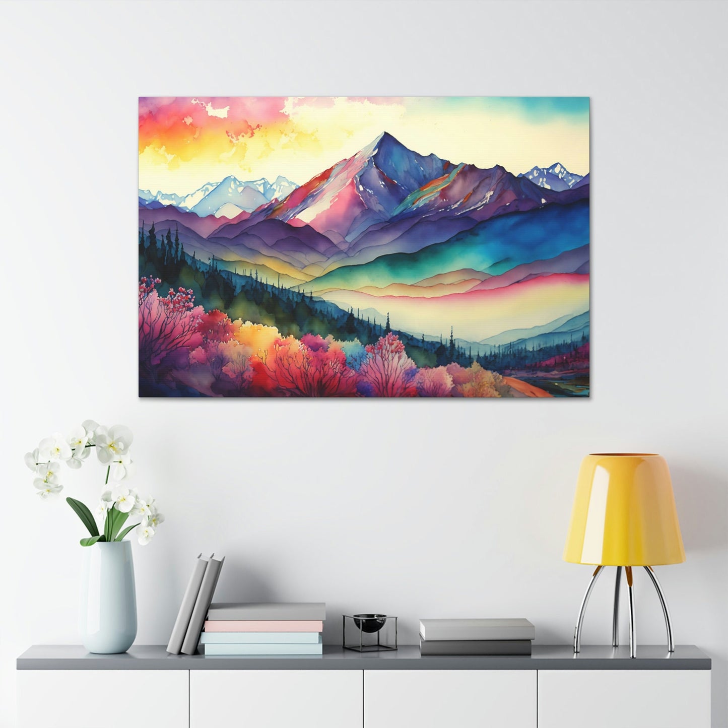 Watercolor Mountain Range Sunrise Canvas Art