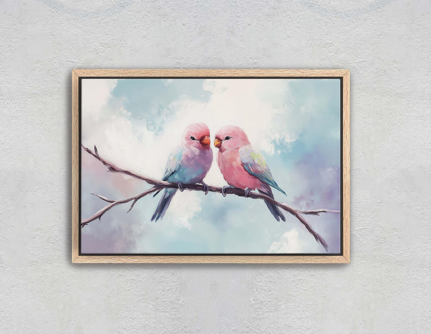 Love Birds, Love At First Sight, Bird Art Print, Pastel Colors, Blue Pink Purple