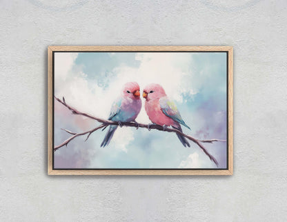 Love Birds, Love At First Sight, Bird Art Print, Pastel Colors, Blue Pink Purple