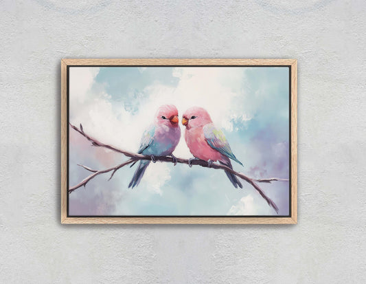 Love Birds, Love At First Sight, Bird Art Print, Pastel Colors, Blue Pink Purple