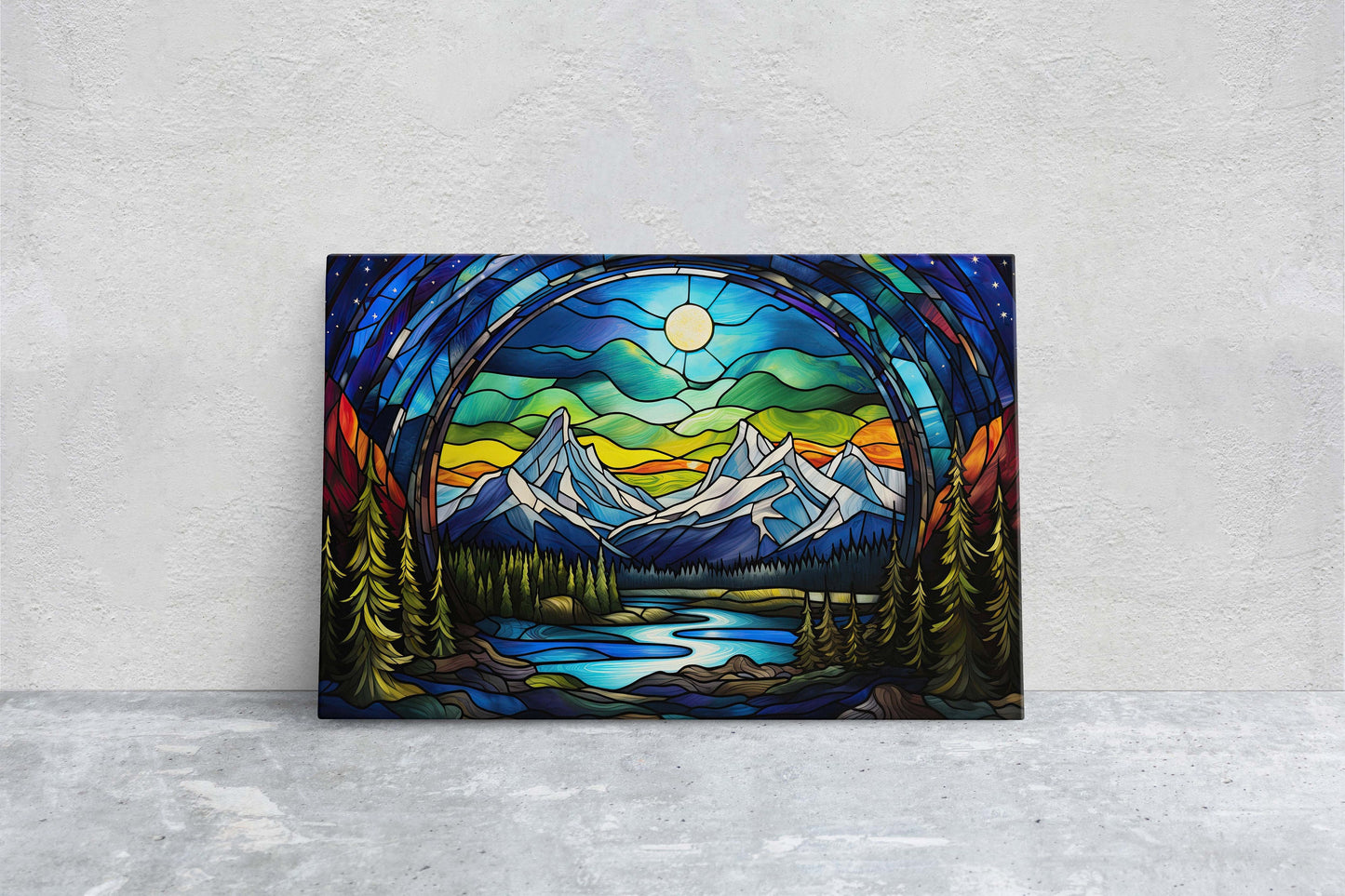 Stained Glass Glaciers, Painting Night, Moon Mountains, Mountain Landscape, Framed Canvas, Cold Mountains, Snow Peaks