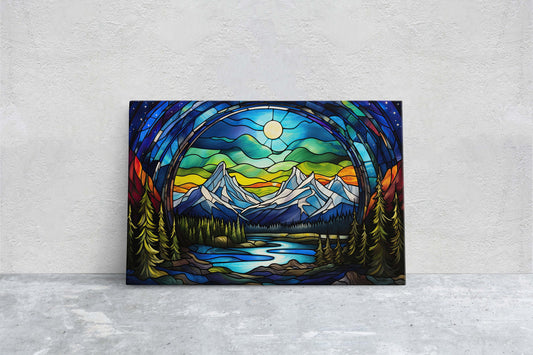 Stained Glass Glaciers, Painting Night, Moon Mountains, Mountain Landscape, Framed Canvas, Cold Mountains, Snow Peaks