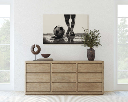 Soccer Painting, Black and White, Sports Decor, Soccer Player, Framed Canvas, Large print, Gift for Dad, Gift for Him