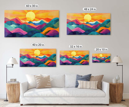 Sunshine Mountain, Canvas Print, Sunset Decor, Flat Art, Vibrant Color, Bold Art, Vertical, Abstract, Mid Century Modern, Scandinavian Print