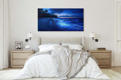 Starry Beach, Night Beach Art, Coast Painting, Blue Glow
