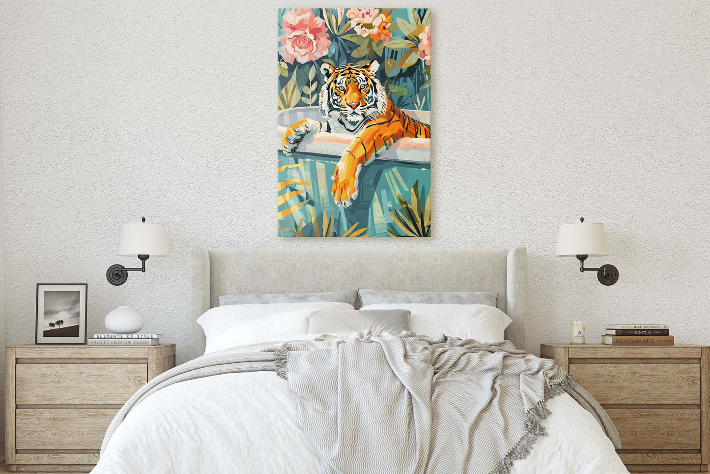Tiger Bathtub, Maximalist Art, Dopamine Decor, Pink Kitsch, Bathroom Art, Framed Canvas, Large Art print, Dorm Decor
