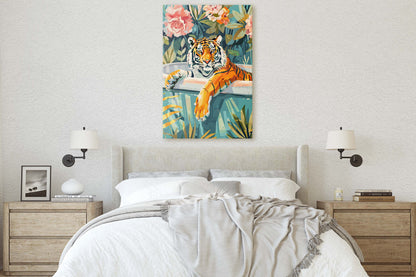 Tiger Bathtub, Maximalist Art, Dopamine Decor, Pink Kitsch, Bathroom Art, Framed Canvas, Large Art print, Dorm Decor