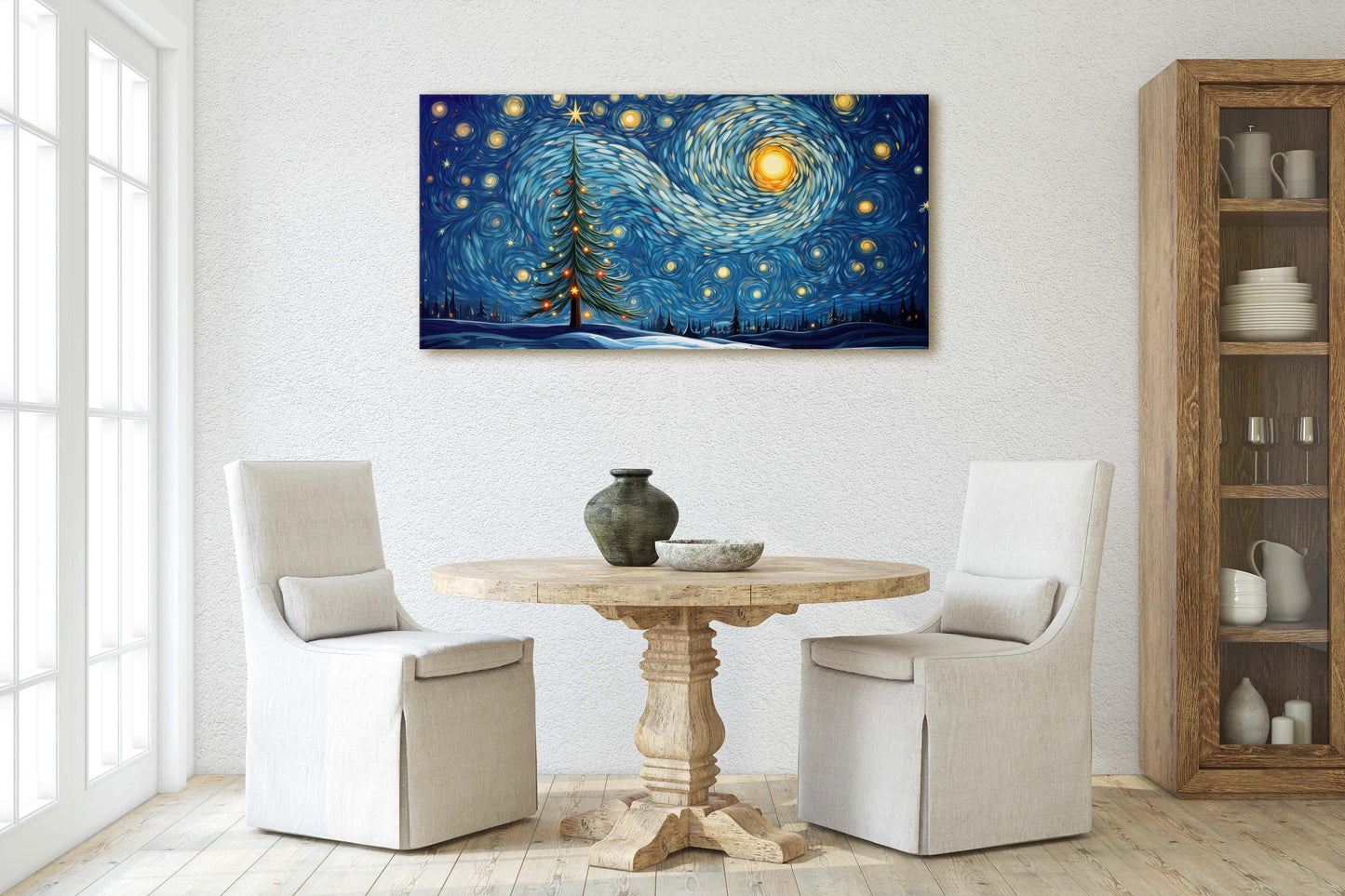 Starry Night Christmas, Christmas Tree, Pine Tree, Winter Decor, Festive Art, X-mas Print, Framed Canvas
