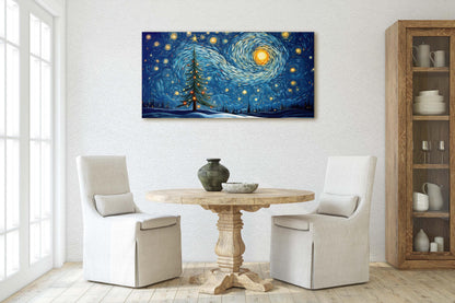 Starry Night Christmas, Christmas Tree, Pine Tree, Winter Decor, Festive Art, X-mas Print, Framed Canvas