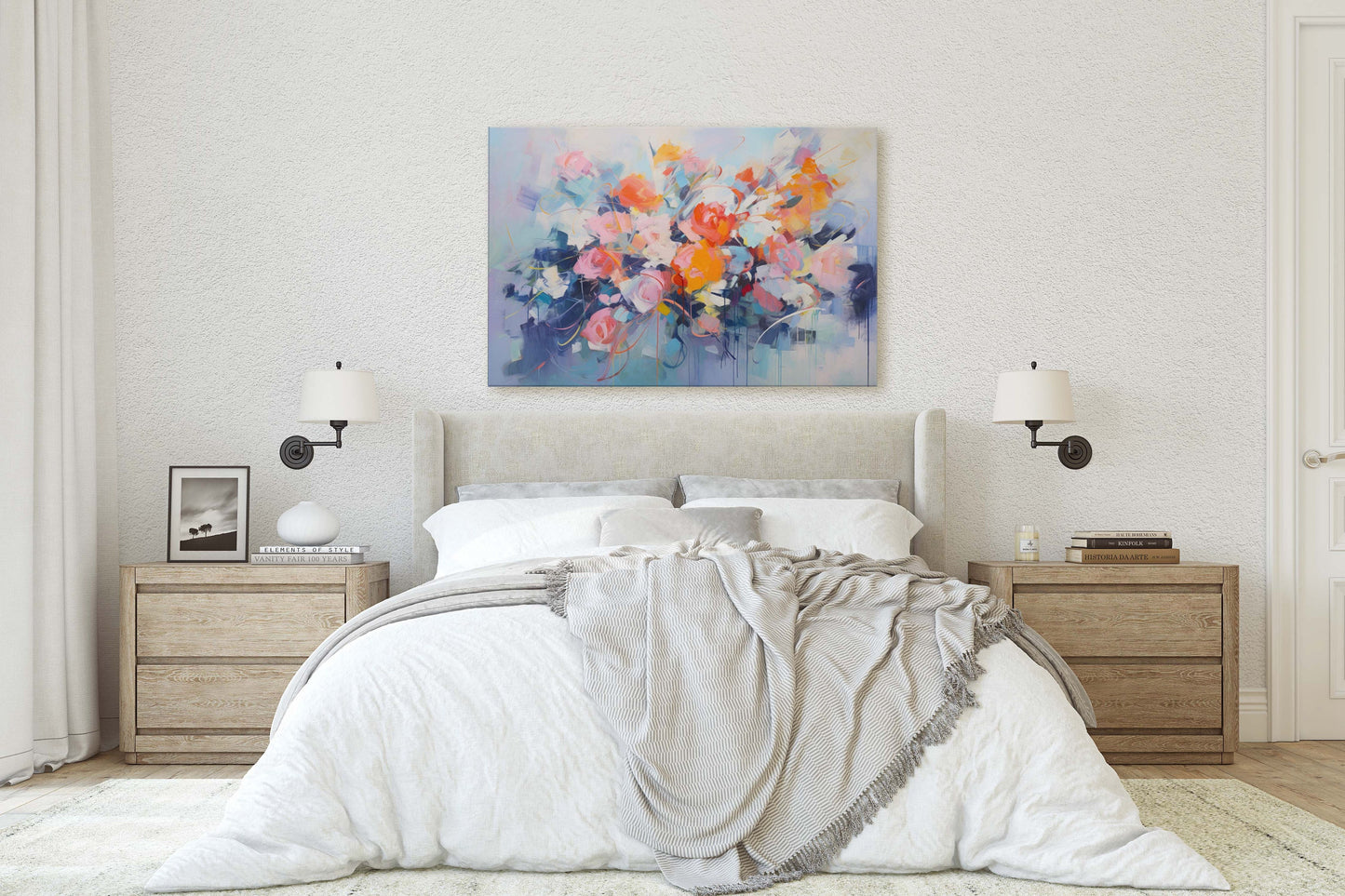 Abstract Floral Print, Flowers in Rain, Blue Canvas, Fine Art, Modern Artwork, Contemporary Print, Framed Canvas