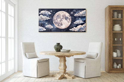 Cloudy Moon Sky, Moon Painting, Moon and Stars