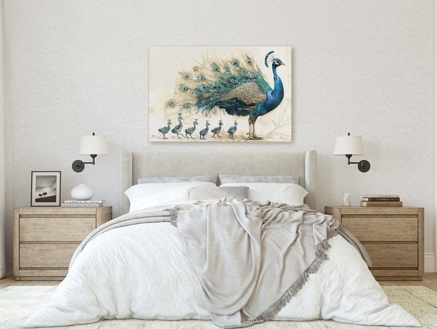 Peacock Family, Peacock Painting, Bird Family, Mom and Kids, Children Babies, Large Art Print, Framed Canvas, Dad Child