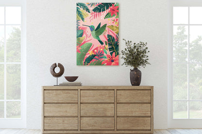 Hummingbird Illustration, Framed Canvas, Tropical Art, Maximalist Jungle, Botanical Print, Bold Eclectic, Pink Art
