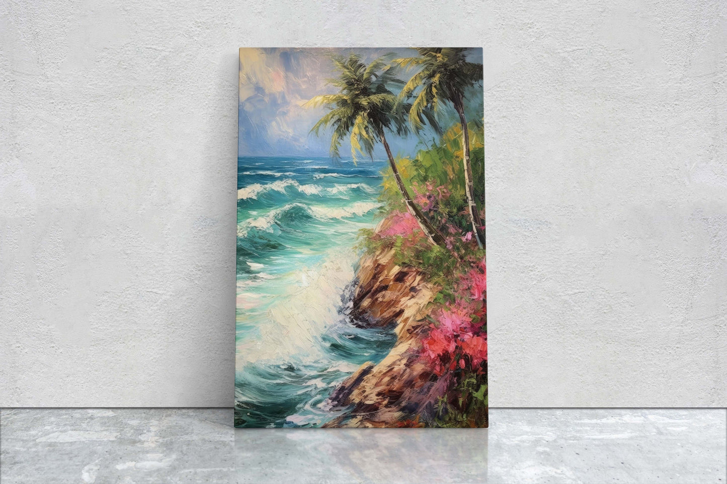Stormy Beach on Canvas, Cliffside Waves, Flower Beach, Palm Trees, Tropical Vacation, Framed Canvas, Nature Decor, Portrait Canvas