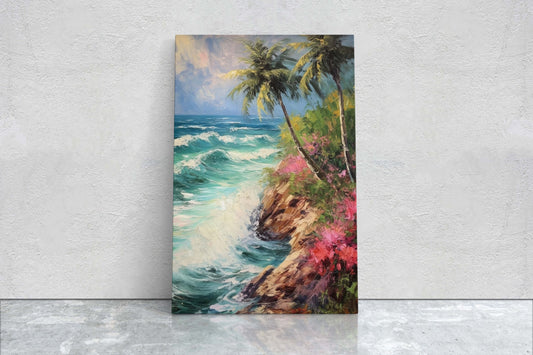 Stormy Beach on Canvas, Cliffside Waves, Flower Beach, Palm Trees, Tropical Vacation, Framed Canvas, Nature Decor, Portrait Canvas