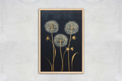 Dandelions Painting, Black and Gold, Floral Decor, Framed Canvas, Flower Print, Large Print, Contemporary Decor, Modern Art, Simple Bold