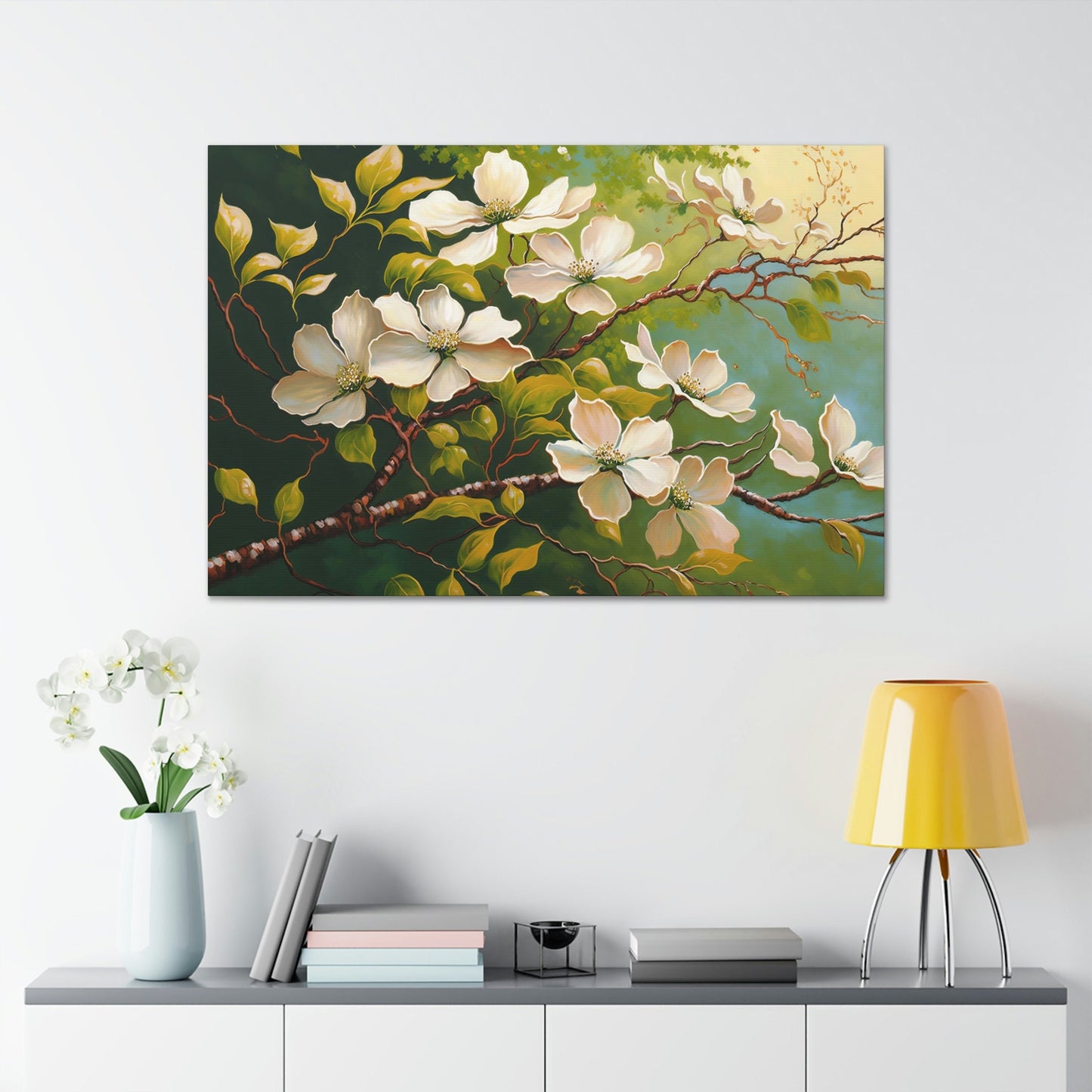 Dogwood Blossoms Canvas Art Ready To Hang Large Print, Oil Painting, Landscape, Bright, Spring
