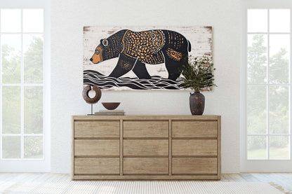 Bear Folk Art, Scandinavian Folk Art, Linocut Print, Wide Art, Large Art Print
