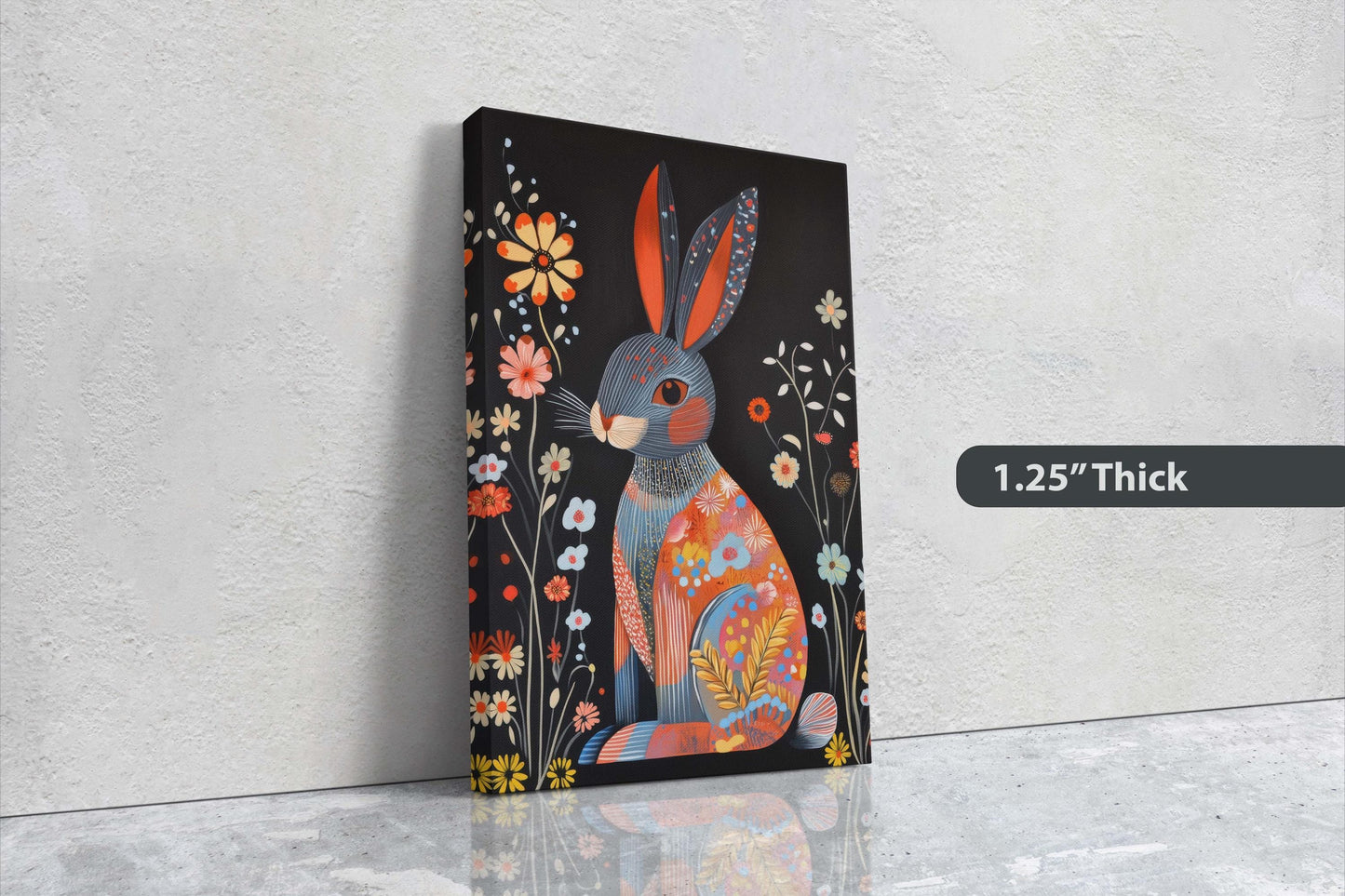 Scandinavian Rabbit, Folk Art, Celestial Art,  Framed Canvas, Dark Print, Nature Print, Whimsical