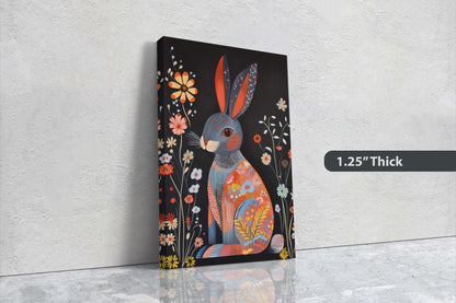 Scandinavian Rabbit, Folk Art, Celestial Art,  Framed Canvas, Dark Print, Nature Print, Whimsical
