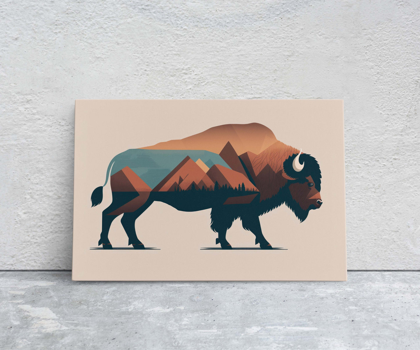 Boho Minimalist Buffalo, American Bison, Canvas Art Ready To Hang Large Print, Painting, Mountains, Neutral