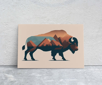 Boho Minimalist Buffalo, American Bison, Canvas Art Ready To Hang Large Print, Painting, Mountains, Neutral