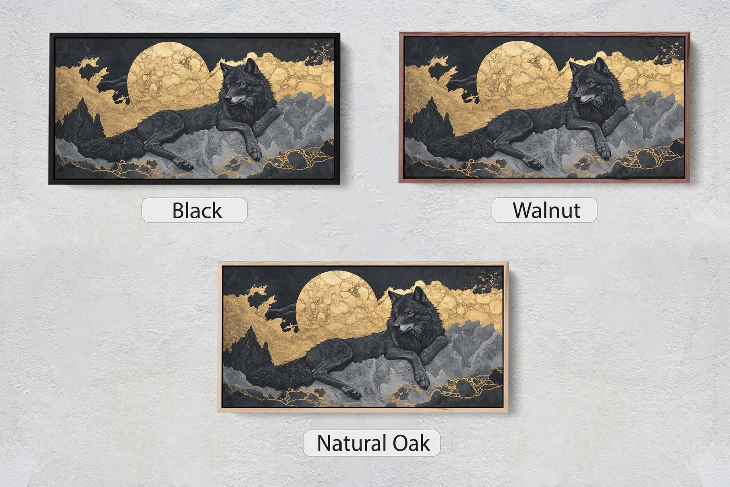 Lone Wolf Contemporary, Black and Gold Wolf, Wolf Moon