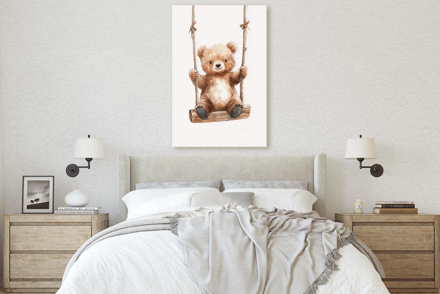 Cute Bear Swinging, Bear Art, Childrens Decor, Kids Art, Girls Room, Boys Room