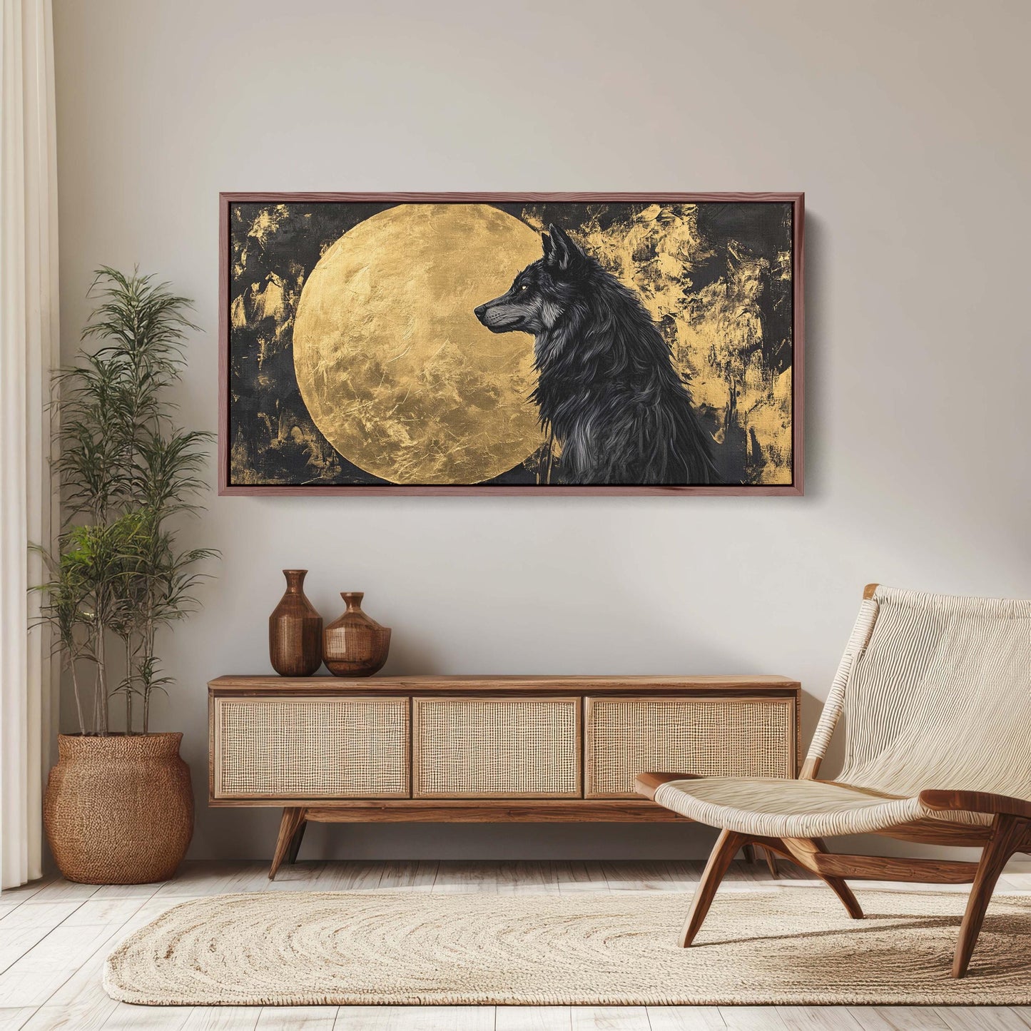 Lone Wolf Contemporary, Black and Gold Wolf, Wolf Moon