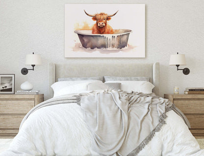 Highland Cow on Canvas, Cow Bathtub, Bathroom Decor, Scottish Cow, Bovine Art, Powder Room, Barn Style, Fun Art, Farm Print, Oversized Art