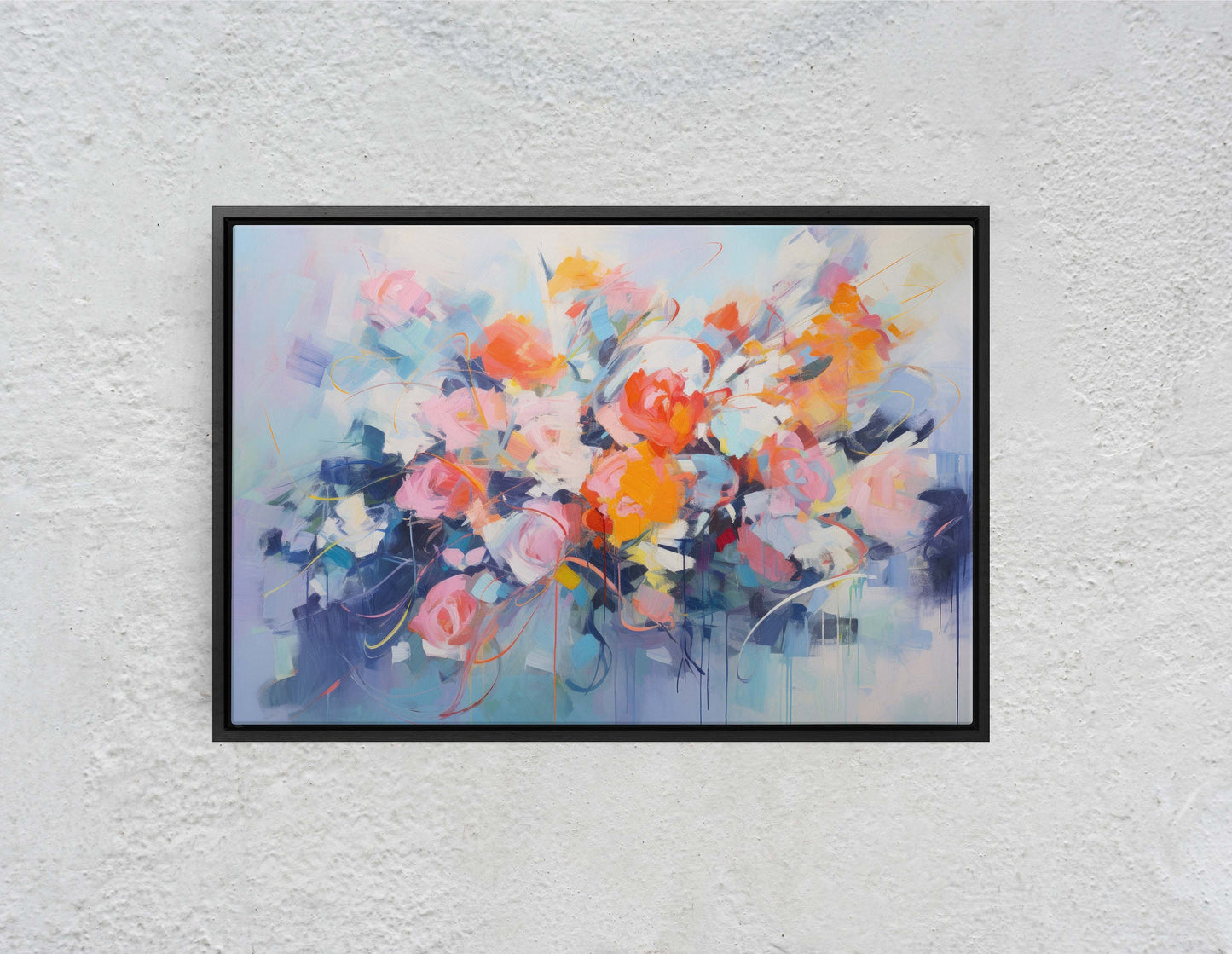 Abstract Floral Print, Flowers in Rain, Blue Canvas, Fine Art, Modern Artwork, Contemporary Print, Framed Canvas