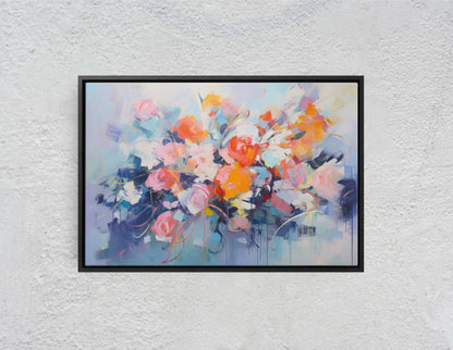 Abstract Floral Print, Flowers in Rain, Blue Canvas, Fine Art, Modern Artwork, Contemporary Print, Framed Canvas