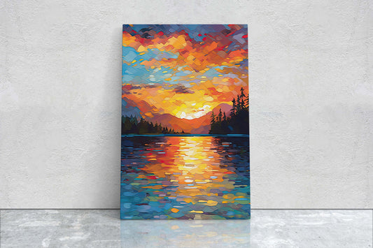 Lake at Sunset, Fauvist Color, Calm Water, Chromatic, Impressionist Art, Landscape Decor, Nature Painting, Ready to Hang, Canvas Print
