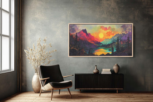 Colorful Mountain Sunrise on Canvas, Smoky Forest, Foggy Mountains, Vibrant Color, Abstract Art
