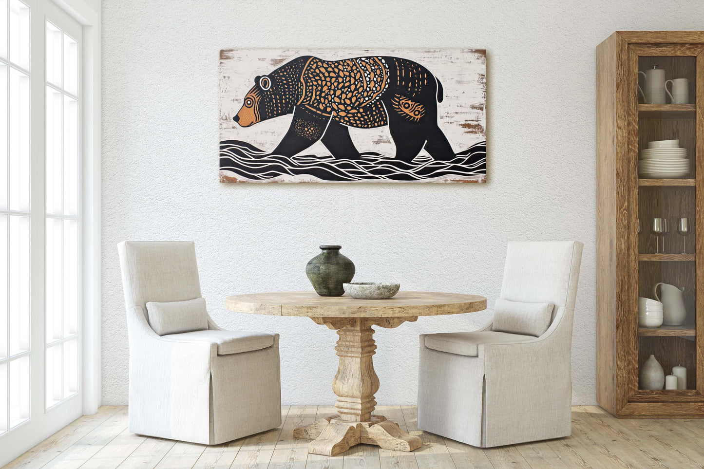 Bear Folk Art, Scandinavian Folk Art, Linocut Print, Wide Art, Large Art Print
